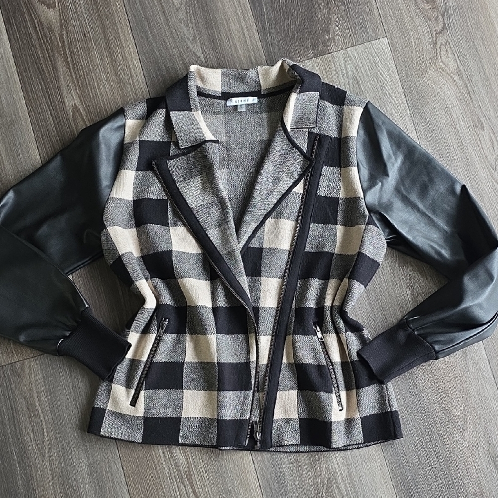 Sioni Black & Cream Plaid Jacket with Faux Leather Sleeves